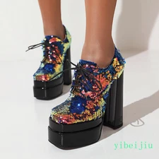 Women's Super High Block Heels Platform Sequins Lace Up Shoes Dance Party Stage