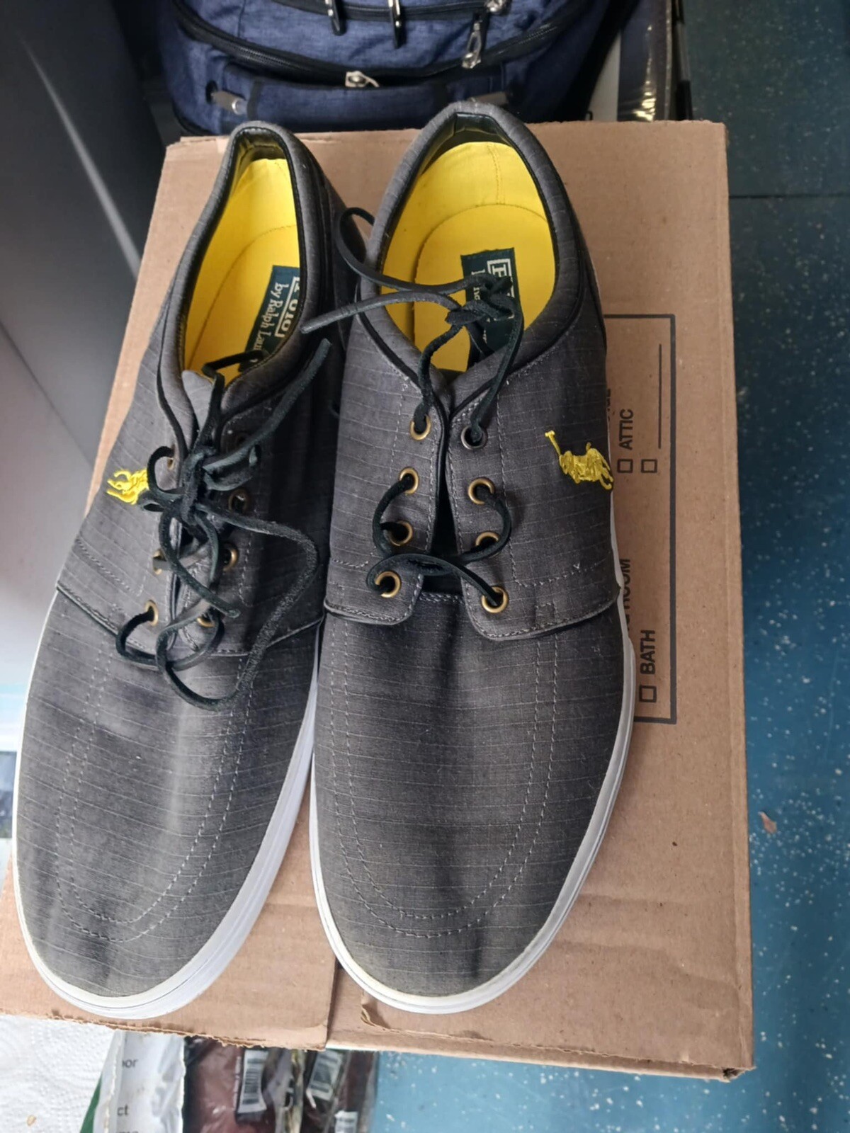 PONY Polo Ralph Lauren sneaker da uomo fax tela bassa grigio scuro giallo taglia 17