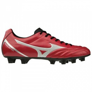 silver and red football boots