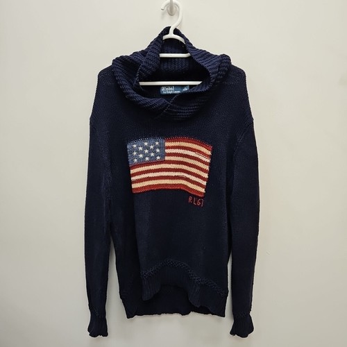 Ralph Lauren Polo Vintage Big Logo Flag USA Navy Linen Jumper Sweater Sz Medium - Picture 1 of 11