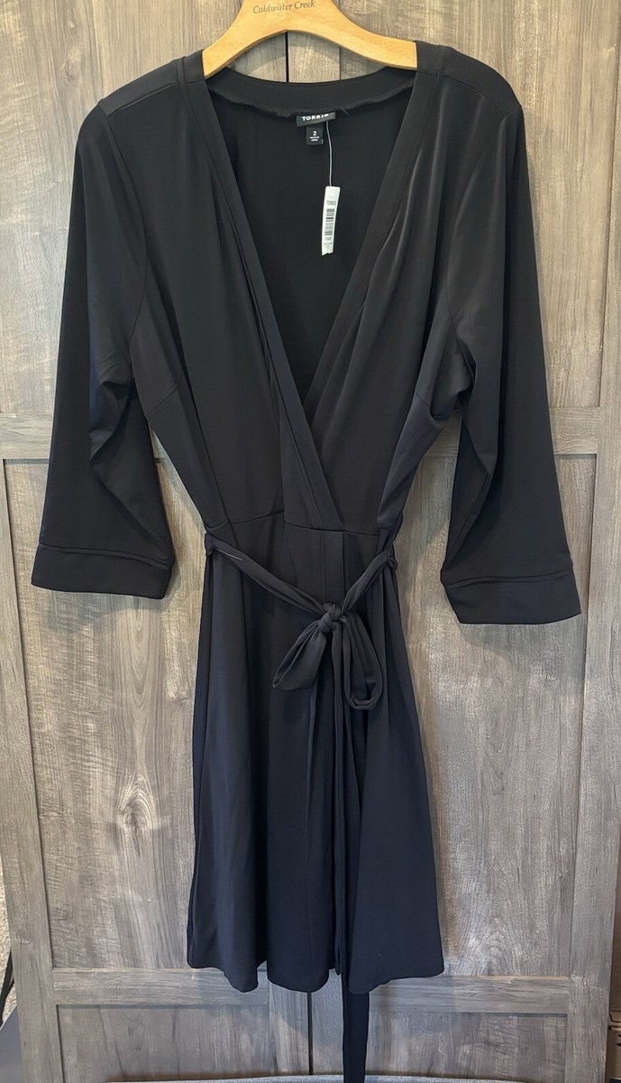 NWT Torrid 2X Faux Wrap Dress Black 3/4 Sleeves Jersey Knit Stretch
