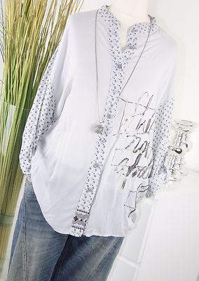 ITALY MODA Tunika PAISLEY Hemd ORNAMENT Schrift Bluse HELLGRAU Shirt M L 38 40