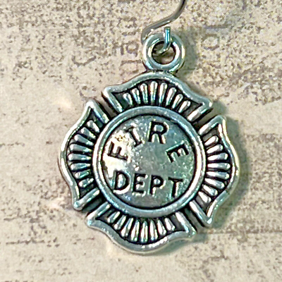 Fire Department Badge Circle Charm Earrings - French Hook, Clear Crystal Rhinestones - View #5