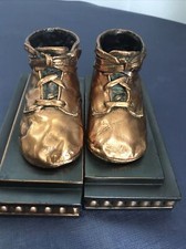 Vintage Baby Shoes Brass Bronze Copper Shoe Bookends Pair Mid Century Beading