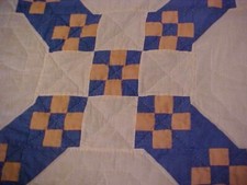 HANDMADE QUILT, NINE PATCH PEACH , BLUE; circa 1940s