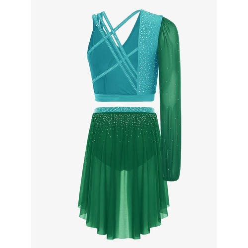 Women Lyrical Dance Costume One Shoulder Crop Top with Skirt Ballet Dance Outfit - Picture 68 of 77