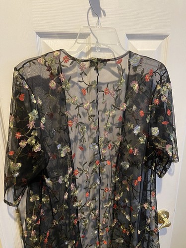 Chenault Floral Embroidered Sheer Overlay Womens Medium Black Top Y2K Duster - Picture 6 of 16