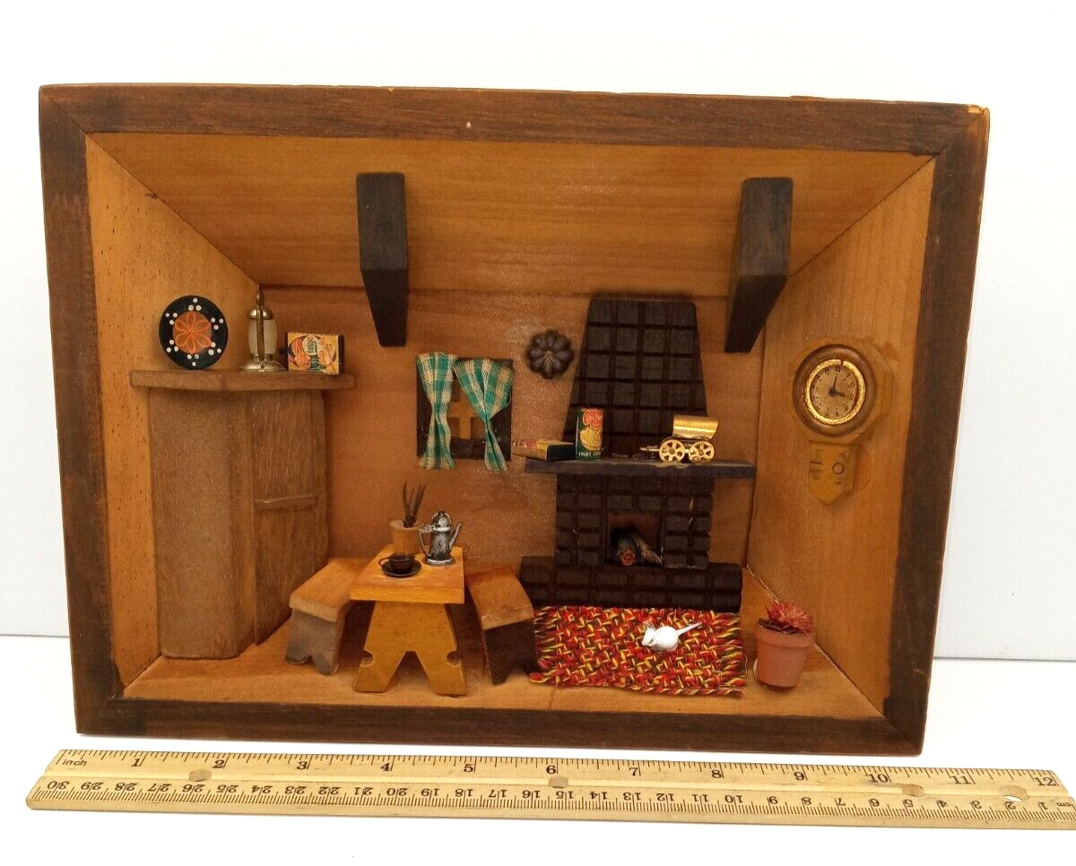 Vintage Wooden Wall Hanging Diorama Shadow Box 3D Kitchen Scene 11x8