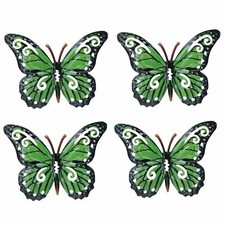 Juego de 4 mariposas de metal verde pequeño jardín/hogar arte de pared adorno