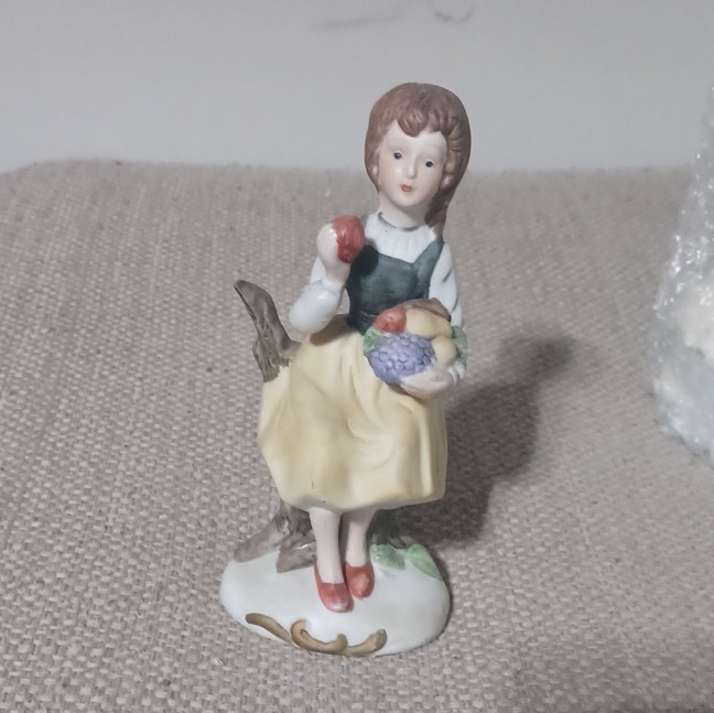 Porcelain Girl Figurine with Fruit Basket Hand Painted Multicolor