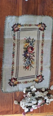 Unique Vintage Floral Unfinished Needlepoint Piece Crochet Edge Needle Thread 