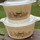 VTG Pyrex Forest Fancies Mushroom Casseroles 473B, 474B w Lids 1 lid CHIPPED