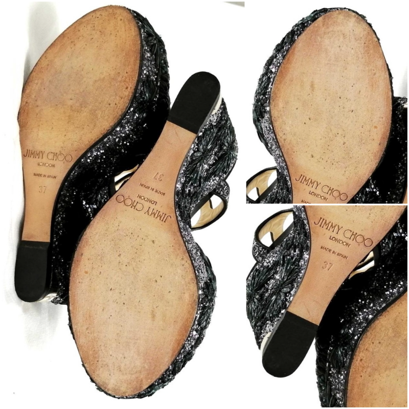 JIMMY CHOO Perla 120 Wedge Strappy Sandals Black US7 [Rank B