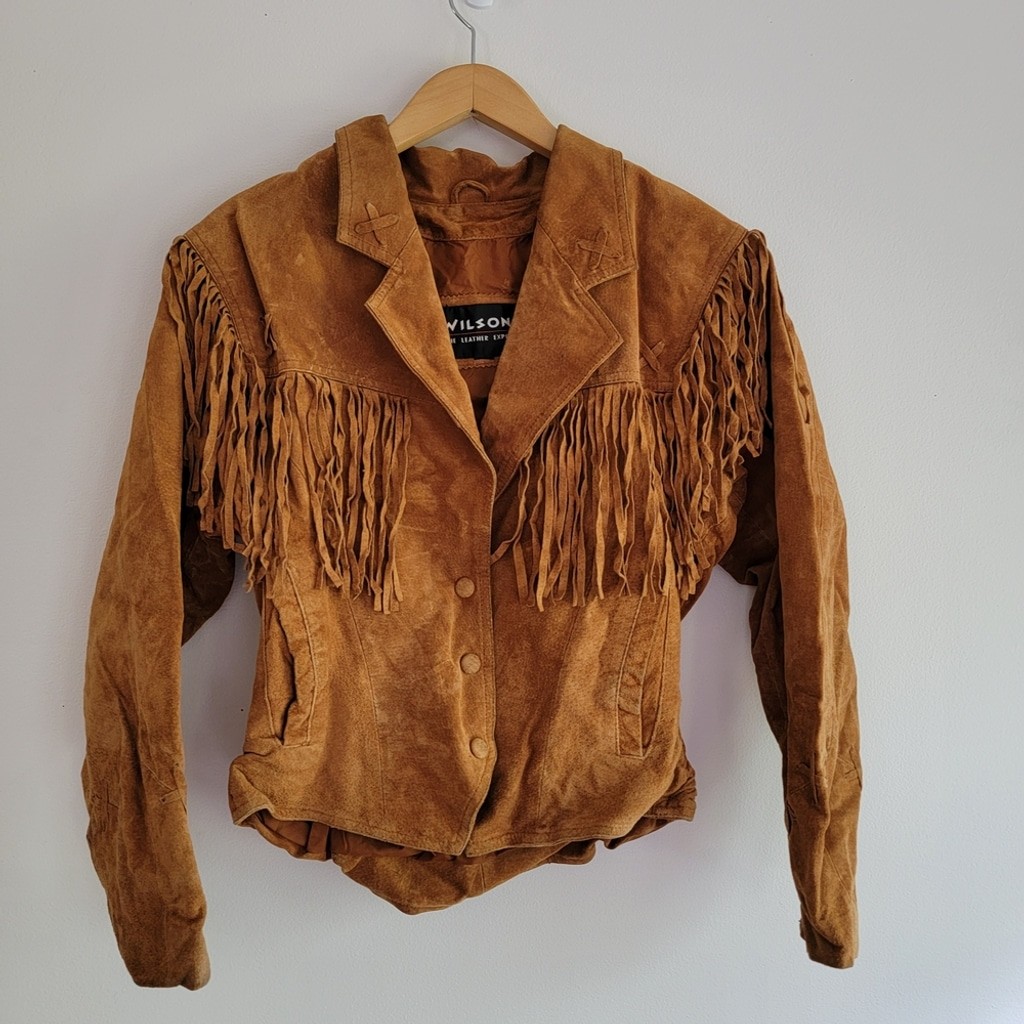 Wilsons Vintage Brown Leather Tan Suede Fringe Jacket Small