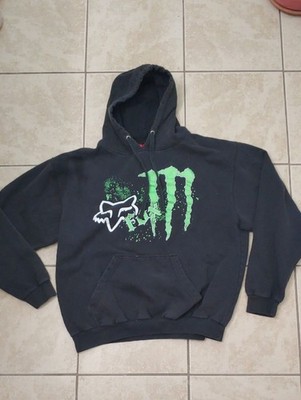 Vintage Y2K Fox Racing x Monster Energy Hoodie Black Sweatshirt Men's Size L