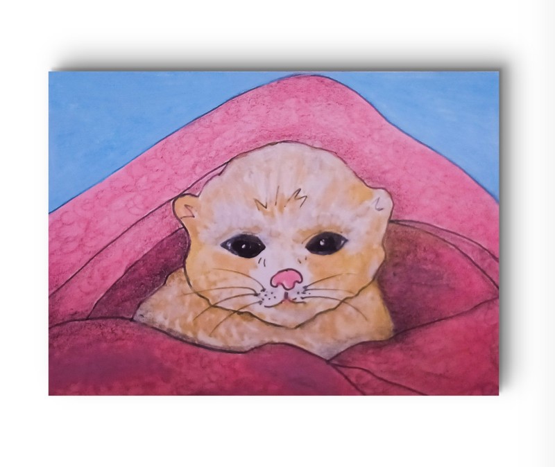 ACEO Original Kitten Pink Blanket Precious Acrylic Painting by Charlene Slie