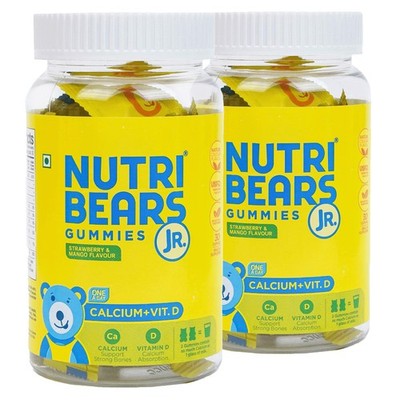 NutriBears Kids Calcium + Vit D Gummies - 60 Strawberry & Mango Chews x2