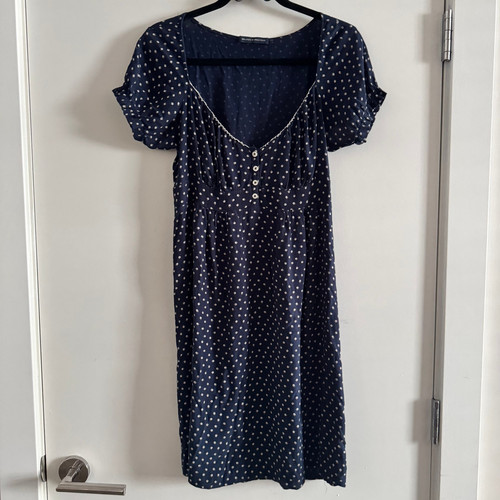 Brandy Melville Dress Black V-Neck Half Button Tie Back Short Puff Sleeve Sz XS