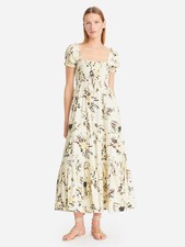 NWOT Tory Burch Printed Smocked Midi Dress Size L Yellow #1C601