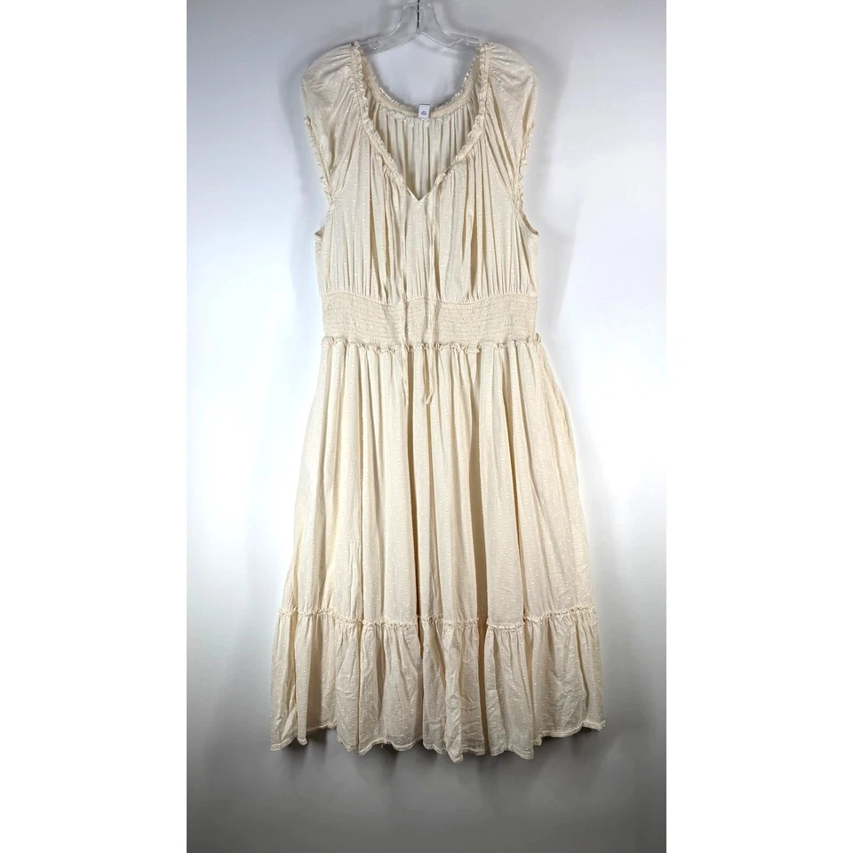 Old Navy Women's Dress 2X Cream Waist Defined Puff Sleeve Clip Dot Midi Boho - Image 2 of 4