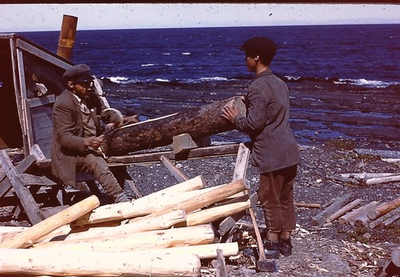 #ad Photograph 35mm Slide Nova Scotia Canada Men Debarking Logs Ocean Beach $14.99