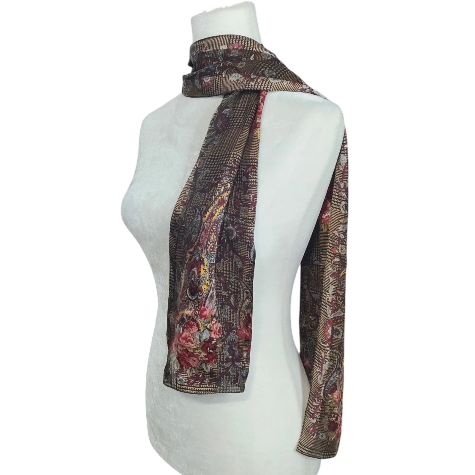 Lauren Ralph Lauren 100% Silk Scarf Floral Paisley Brown Gold Rectangle Preppy