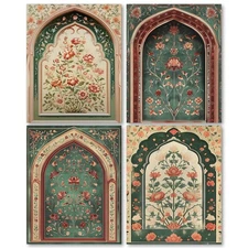 laveliabel Vintage Mughal Floral Wall Art Prints Set of 4 Unframed, Islamic F...