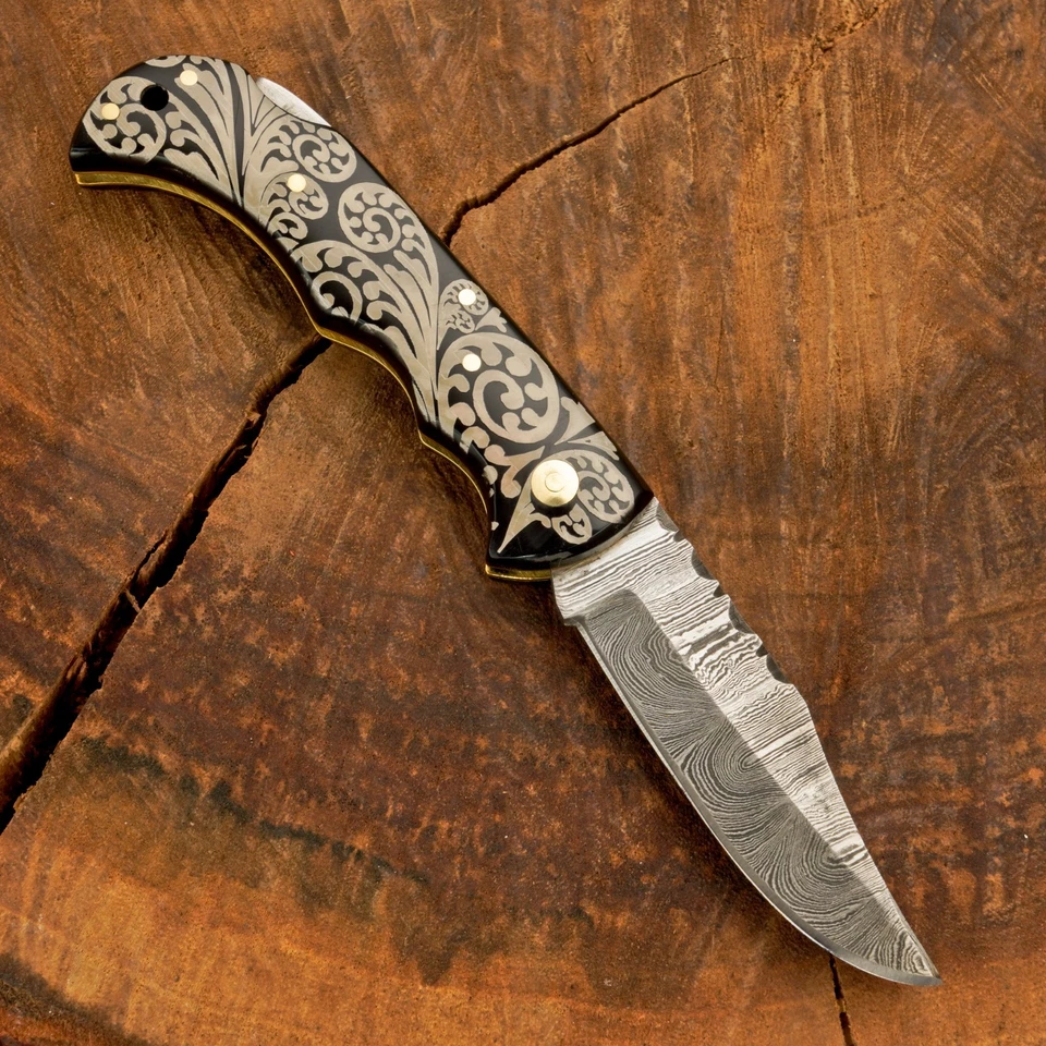 Cuchillo Plegable de Acero Damasco Personalizado con Mango Floral, Funda de Cuero, O-300 Foto 4 de 4