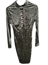 Fashion Nova Crushed Velvet Olive Green Dress Small Long Sleeve