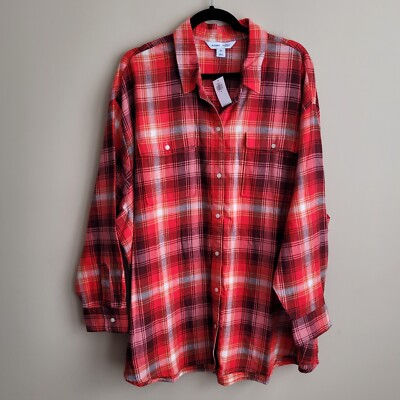Old Navy Womens Button Down Flannel Shirt Plus Size 2x Red Amber Plaid Boyfriend