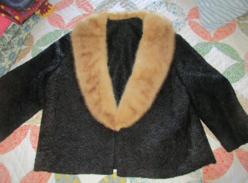 Vintage Womens Black Ribbon Cropped Jacket w/ Mink Collar - Picture 3 of 12