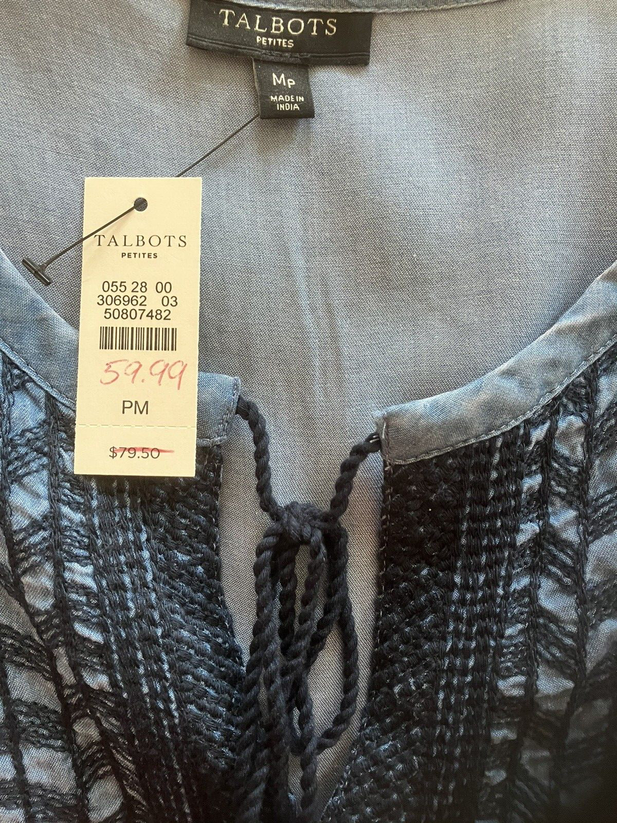 NWT Talbots Chambray Blue Sleeveless Boho Style Summer Top - PM - $79.50