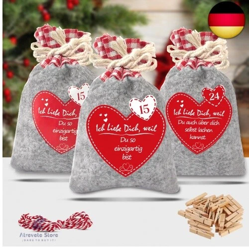 Adventskalender zum Selbst Befüllen, Filzsäckchen mit 24 Gründen Ich Liebe Di - Bild 7 von 7