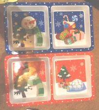 Set of 2 Greenbrier Plastic Divided Platters Trays W/Winter Designs 13.5"x 7.5"