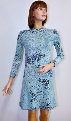 Vintage 70s JACQUES LEONARD FASHION blue wool mesh dress 6US 38FR Made in France