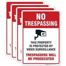 Video Surveillance No Trespassing Sign, Security Camera, (4 Pack) 10x14 Aluminum