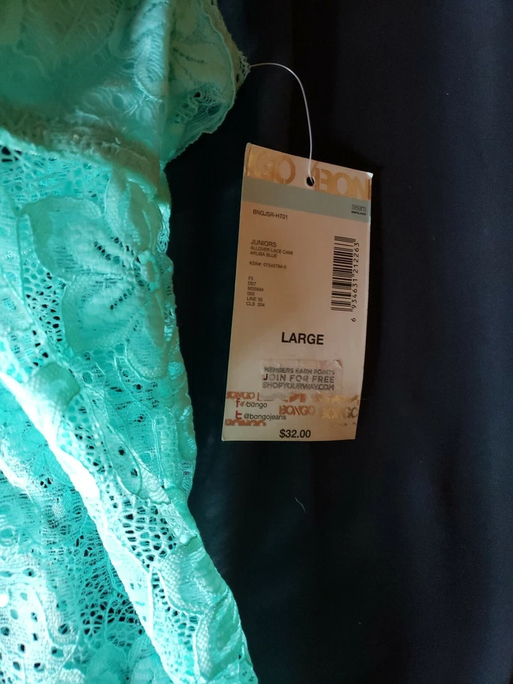 Junior Bongo NWT Aruba Blue Allover Lace Cami Tank Top size L originally $32 - Image 2 of 3