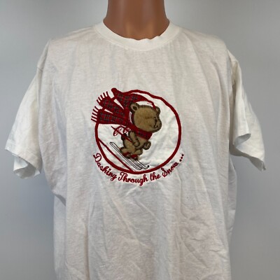 Fuzzy Bear Skiing Dashing Through The Snow T Shirt Vtg 90s Christmas 2XL