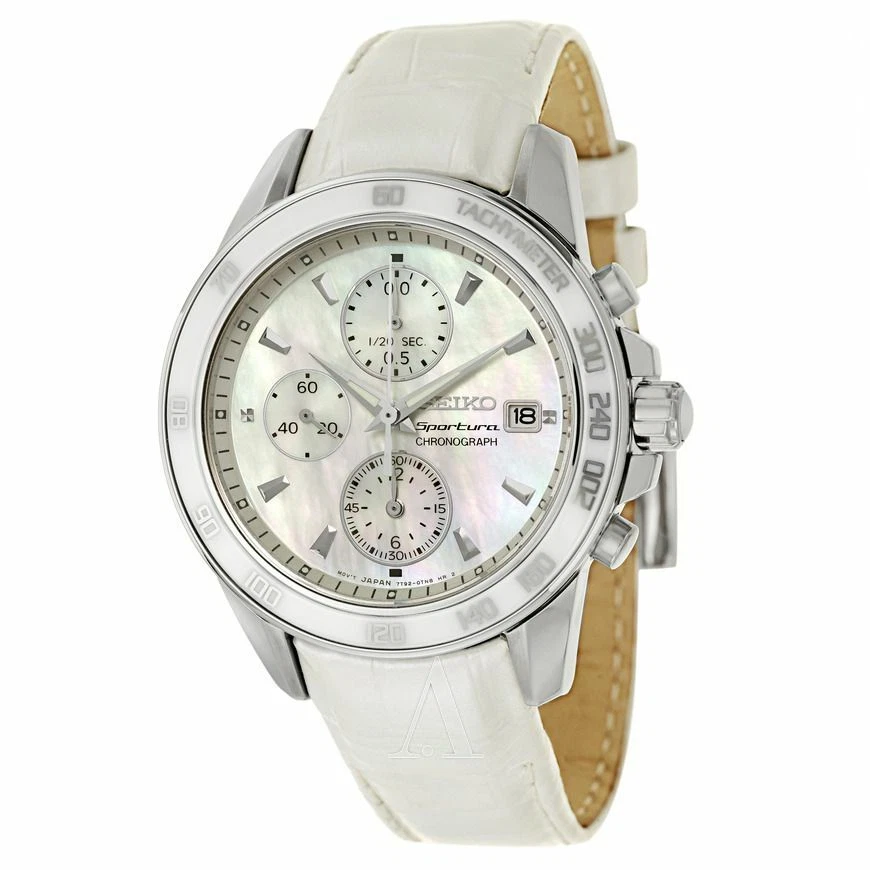 SEIKO Sportura SNDX99P1 White MOP Dial White Leather Strap Chrono Watch