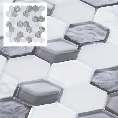 Hexagon White Carrara Marble Stone Metallic Gray Glass Mosaic Tile Backsplash