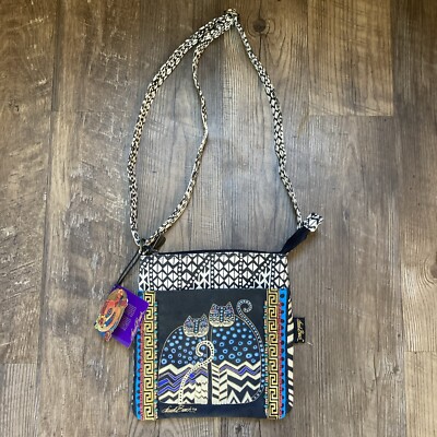 Laurel Burch Gato Cat Print Crossbody Bag Beaded Canvas Adjustable Strap NWT