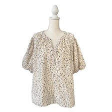 Vince Camuto Women  s Blouse Top Puff Sleeve Ivory Blue Gold Floral Womens Sz 2X