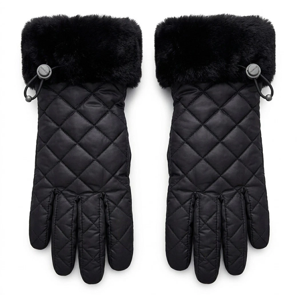 UGG Australia Black Quilted Shearling Trim Leather Palm Winter Gloves S/M