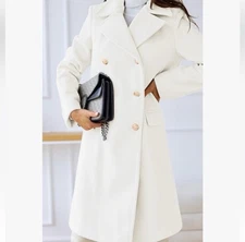 Chartou Women's White Double-Breasted Wool Blend Coat gold buttons, Size L, NWT