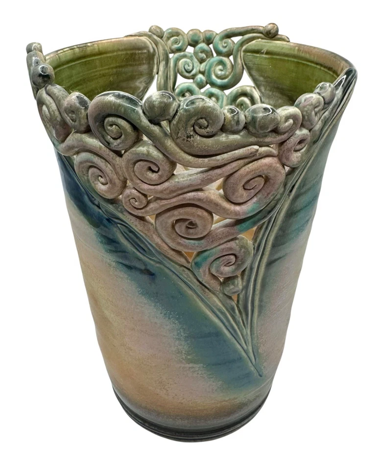 Signed Freeform Art Pottery Coil Vase Artist Swirl Blue Green Handmade Vessel 9” - Image 3 of 4