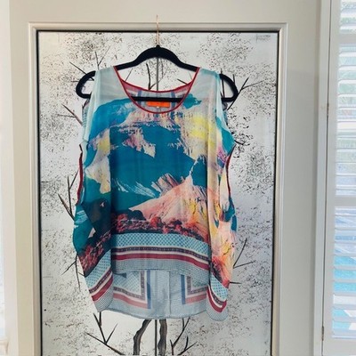 Clover Canyon Womens Size Small Multi Print Semi Sheer Hi Lo Relaxed Fit Top