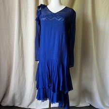 1920s 1930s Cobalt Blue Chiffon Flapper Dress With Floral Shoulder Detail Small
