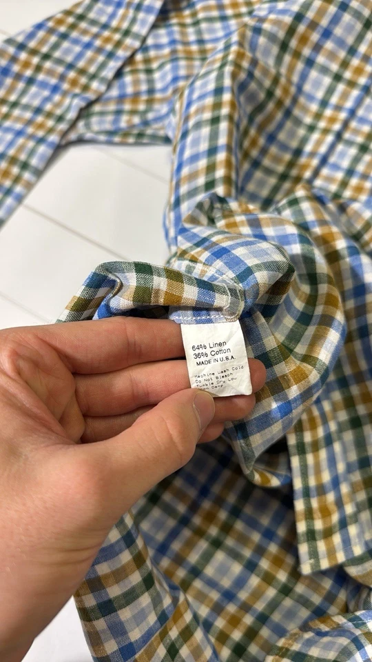 Gitman Brothers mens L Large tan green blue check linen blend oxford shirt EUC - Image 4 of 4