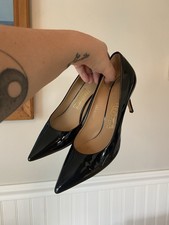 Salvatore Ferragamo Black Patent Leather Pointed Toe Pumps Slip-On Logo 8.5B