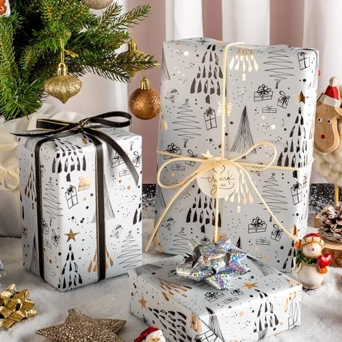  Carta da imballaggio regalo Natale - 17 pollici 17 pollici x 33 piedi oro albero stella innevata - Foto 2 di 6